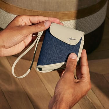 Ploom AURA Solo Case Denim Leather Fusion shown with Ploom AURA device (not included in pack)