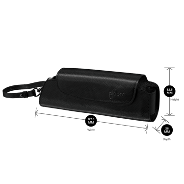 Ploom Jet Black Solor Carry Case shown with product dimensions: 32.5 cm height x 12.75 cm width and 2.8 cm depth