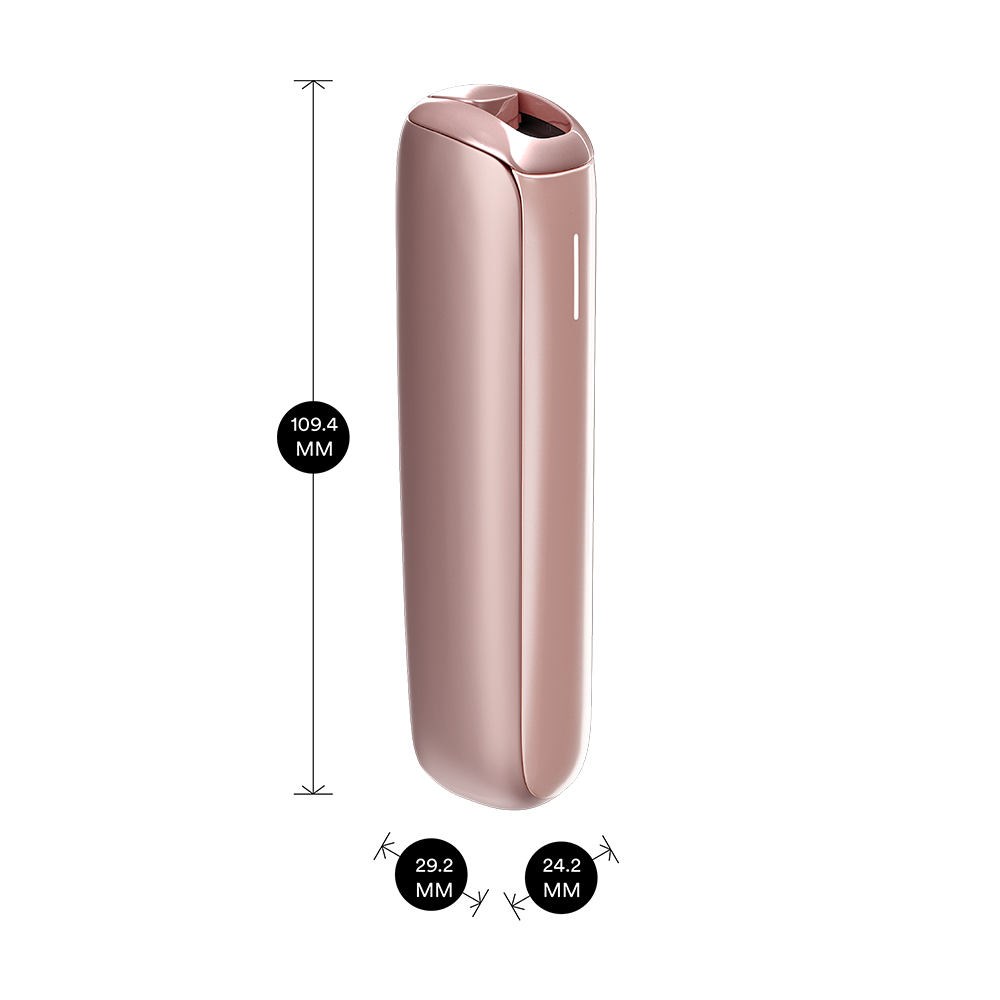 Ploom AURA Rose Gold device shown with product dimensions: 10.94cm height x 2.92 cm width and 2.42 cm depth