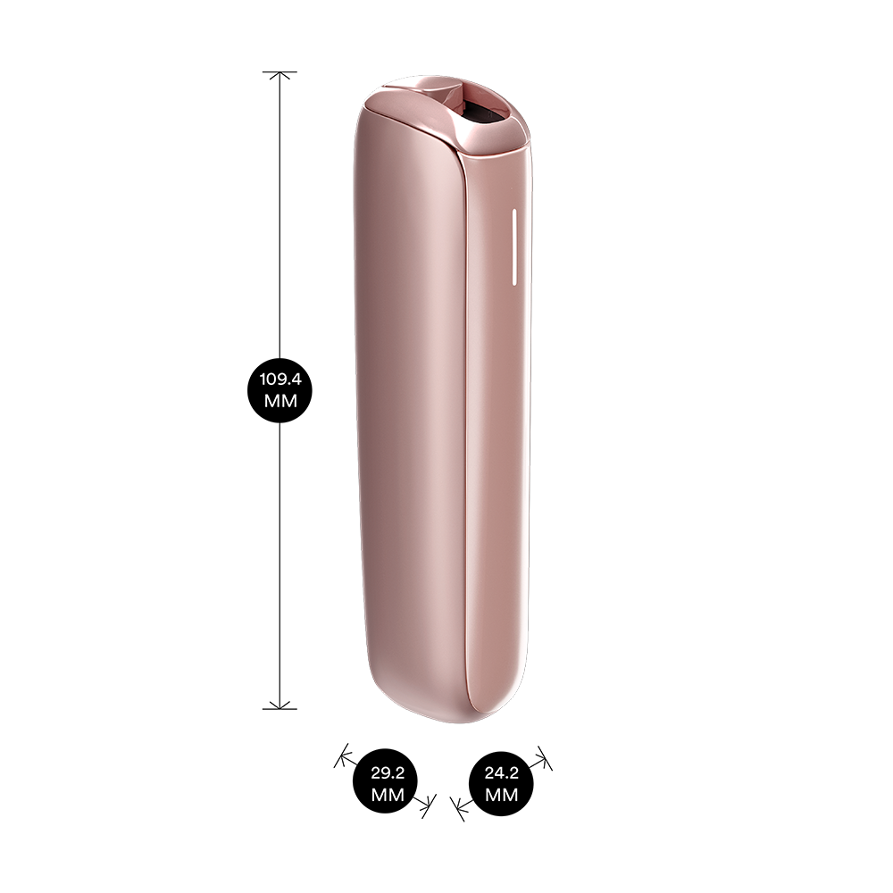 Ploom AURA Rose Gold device shown with product dimensions: 10.94cm height x 2.92 cm width and 2.42 cm depth