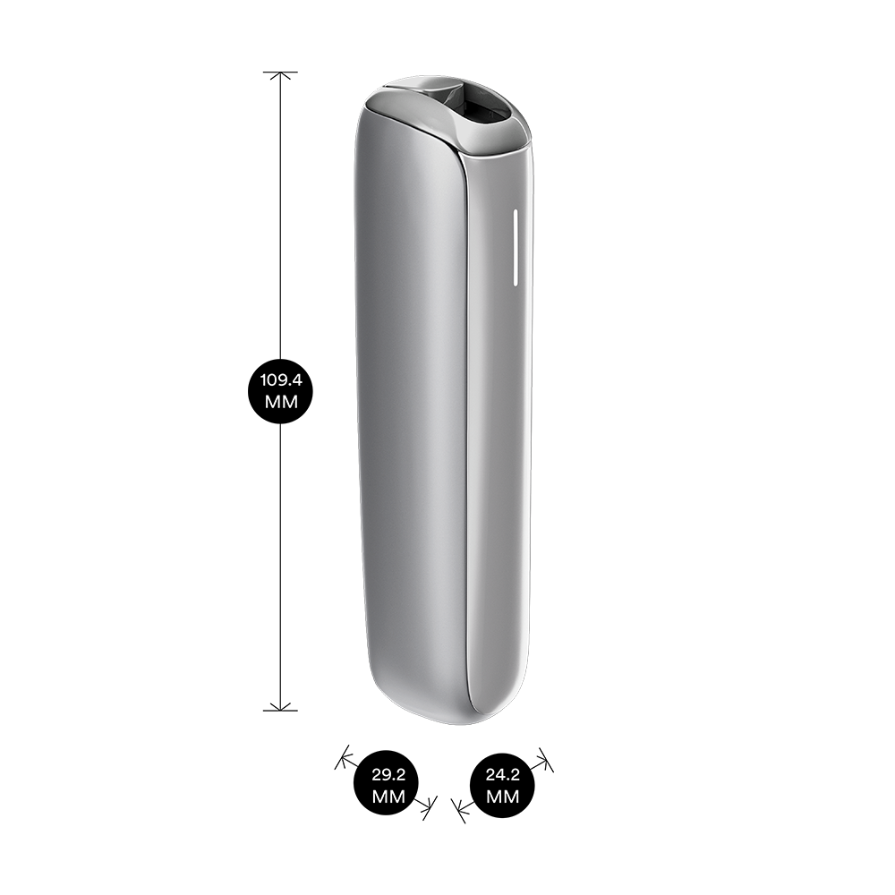 Ploom AURA Lunar Silver device shown with product dimensions: 10.94cm height x 2.92 cm width and 2.42 cm depth