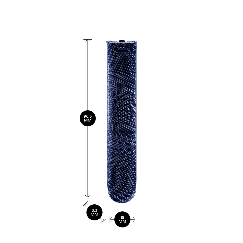 Ploom AURA front panels with Navy Blue Augmented Pattern placed on a table.