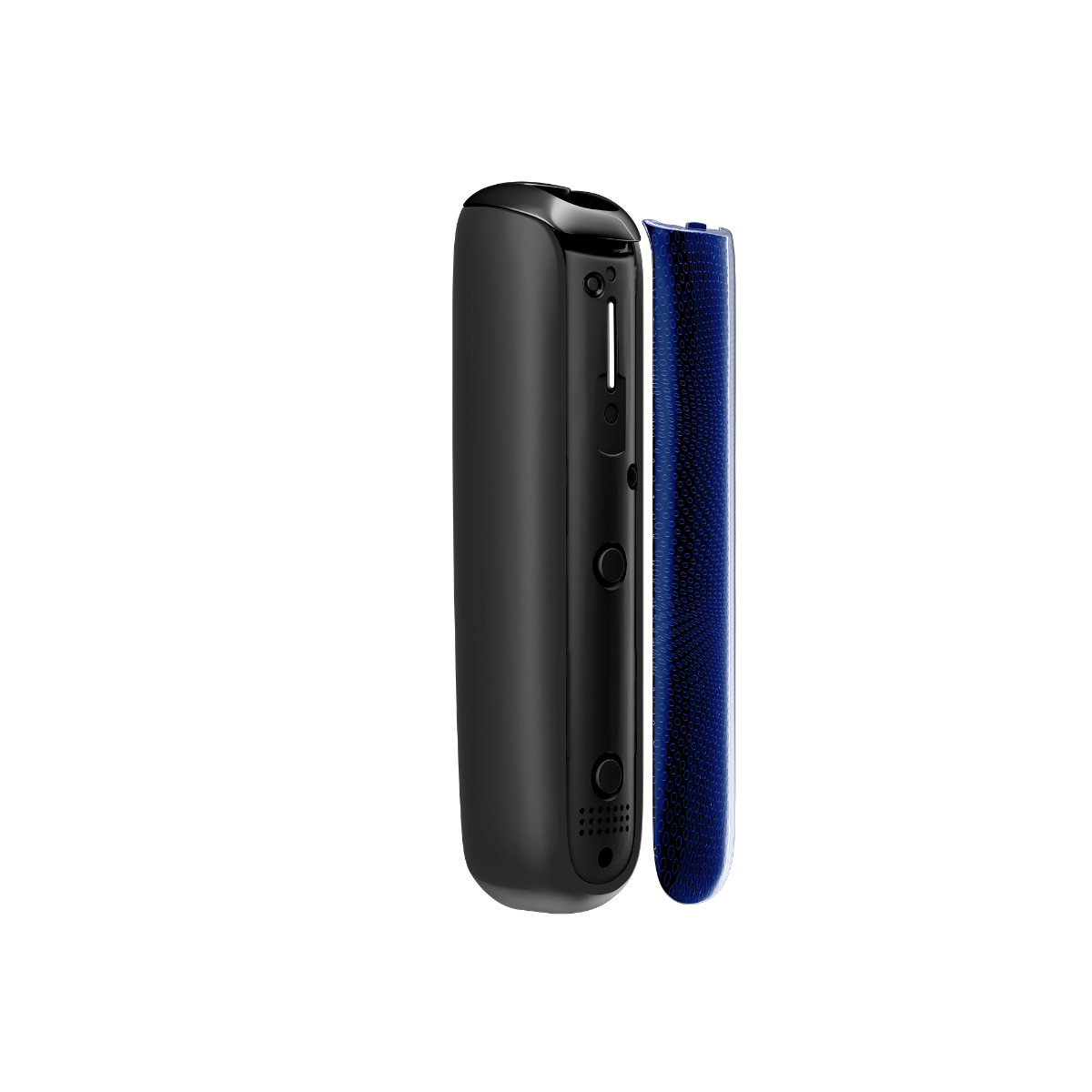 Side view of Ploom Aura front panel accessory in Navy Blue Augmented Pattern color.