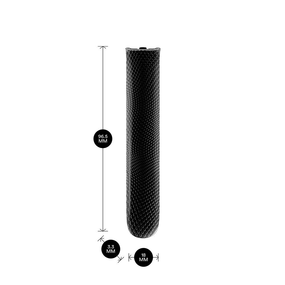 Ploom AURA Jet Black Augmented Pattern Front Panel shown with product dimensions: 9.65cm height x 3.30 cm width and 1.80 cm depth