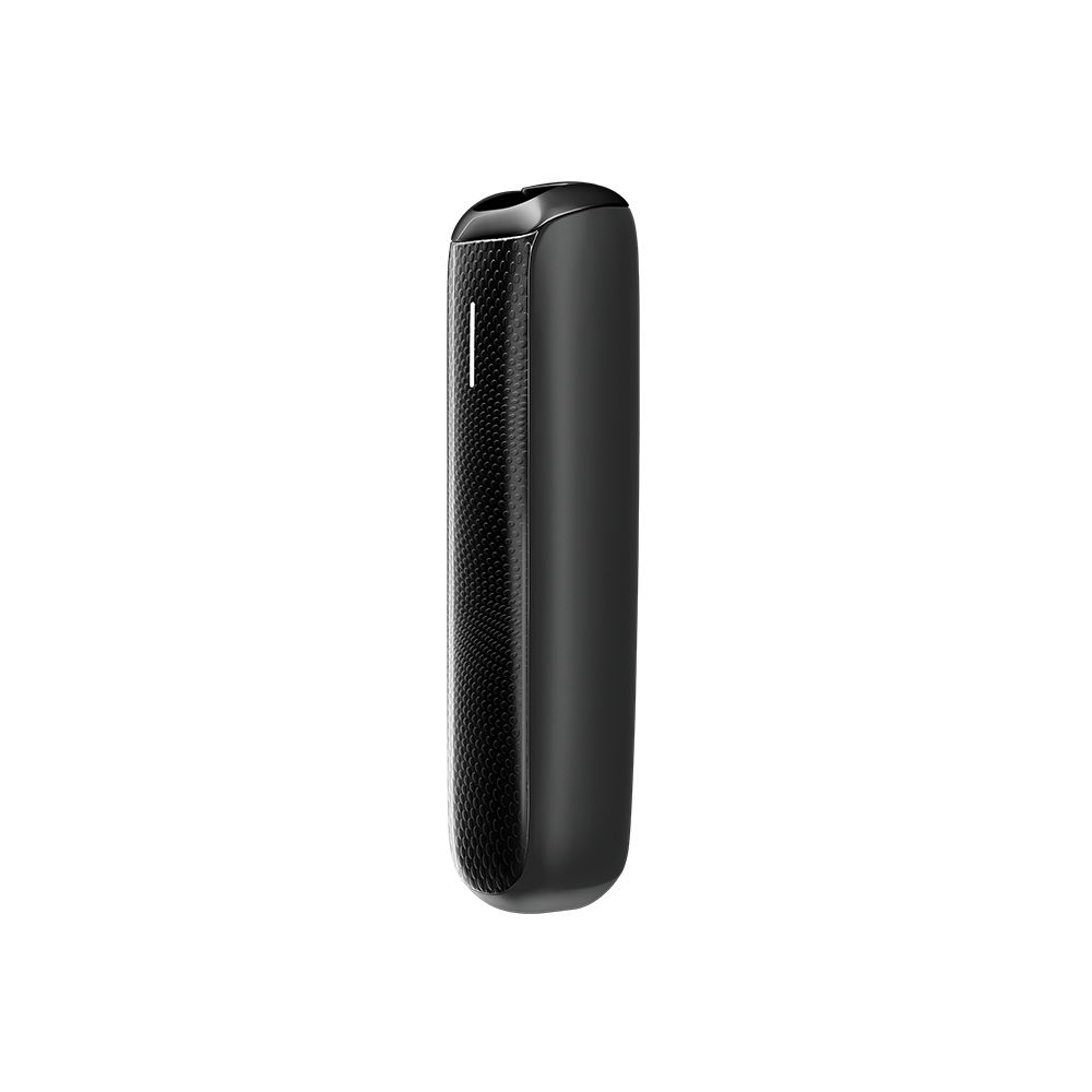 Side view of Ploom Aura front panel accessory in Jet Black Augmented Pattern color.