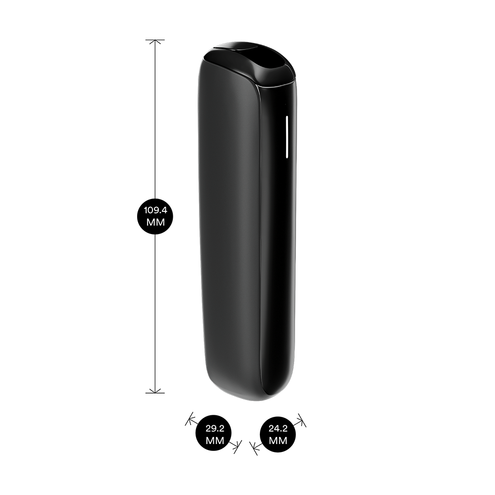 Ploom AURA Jet Black device shown with product dimensions: 10.94cm height x 2.92 cm width and 2.42 cm depth