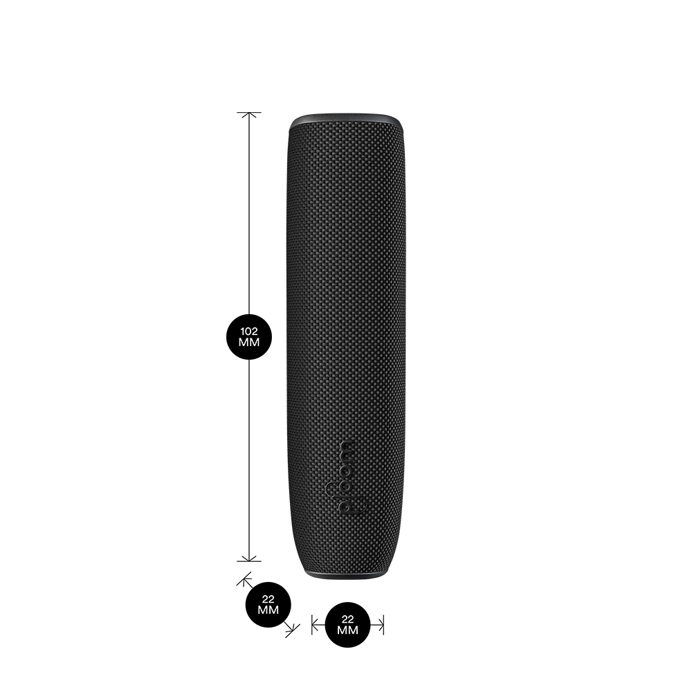 Ploom AURA device with a Jet Black Back Cover shown with product dimensions: 10.2cm height x 2.2 cm width and 2.2 cm depth