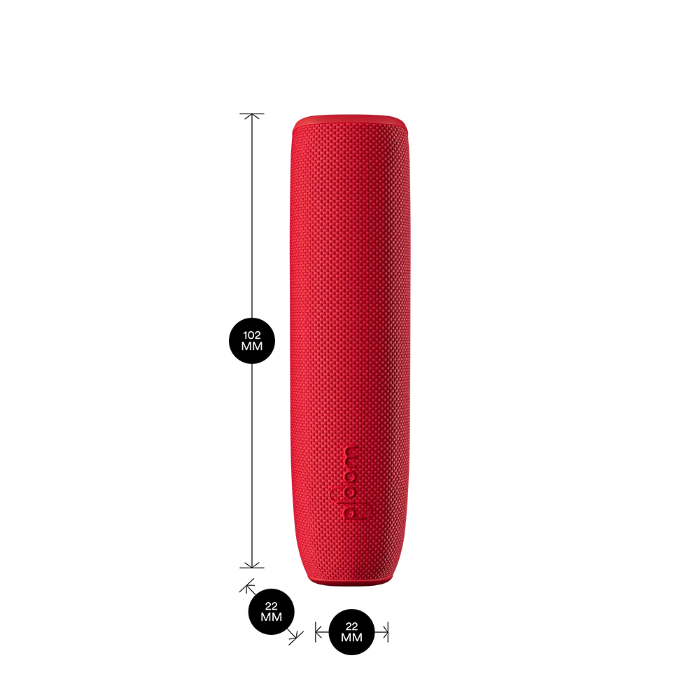 Ploom AURA device with a Lava Red Back Cover shown with product dimensions: 10.2cm height x 2.2 cm width and 2.2 cm depth