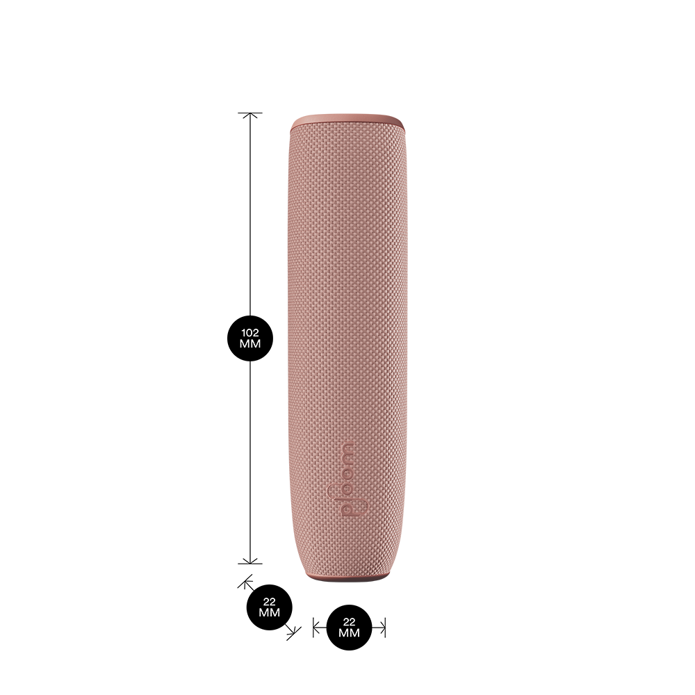 Ploom AURA device with a Rose Gold Back Cover shown with product dimensions: 10.2cm height x 2.2 cm width and 2.2 cm depth