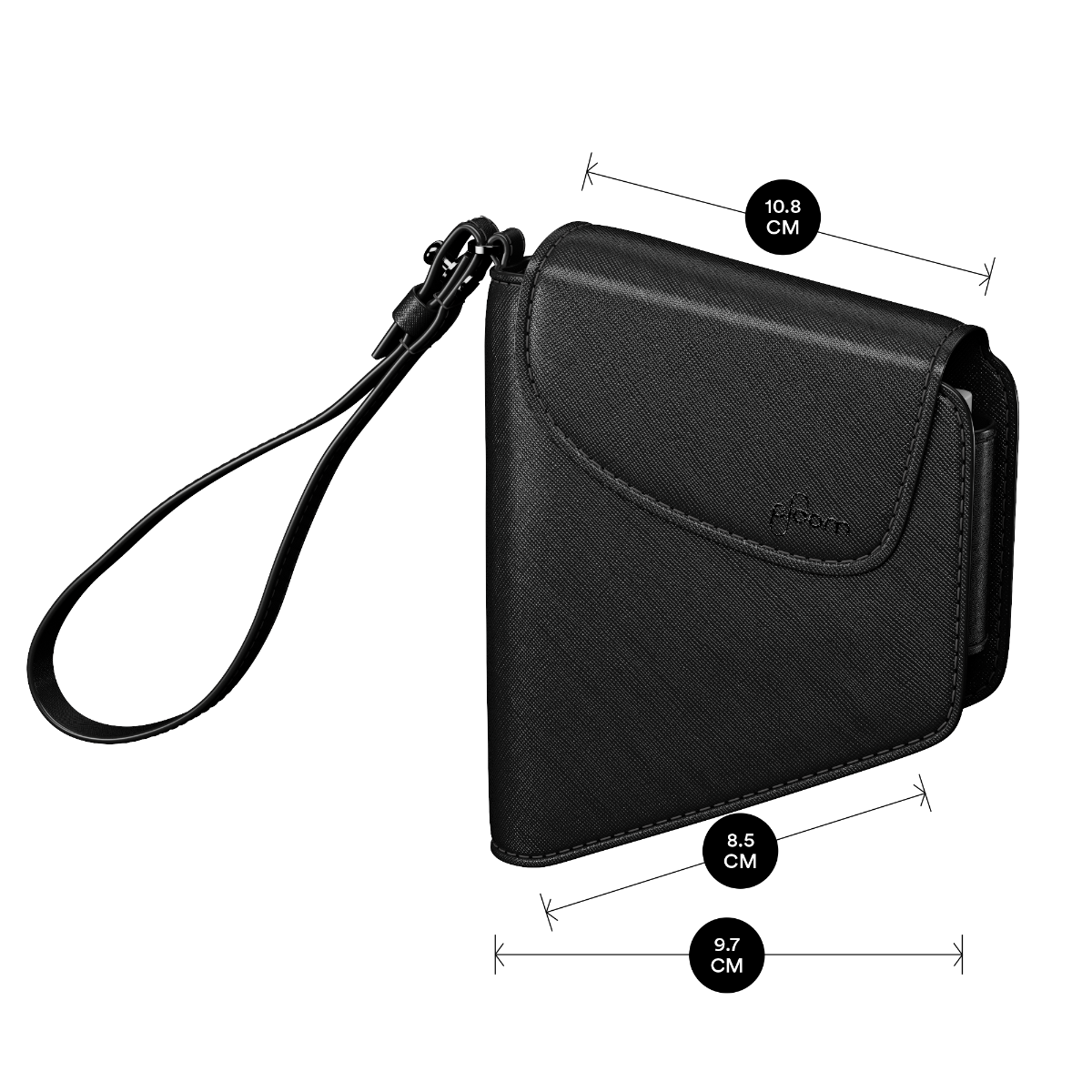 Ploom Jet Black Solor Carry Case shown with product dimensions: 10.2cm height x 2.2 cm width and 2.2 cm depth