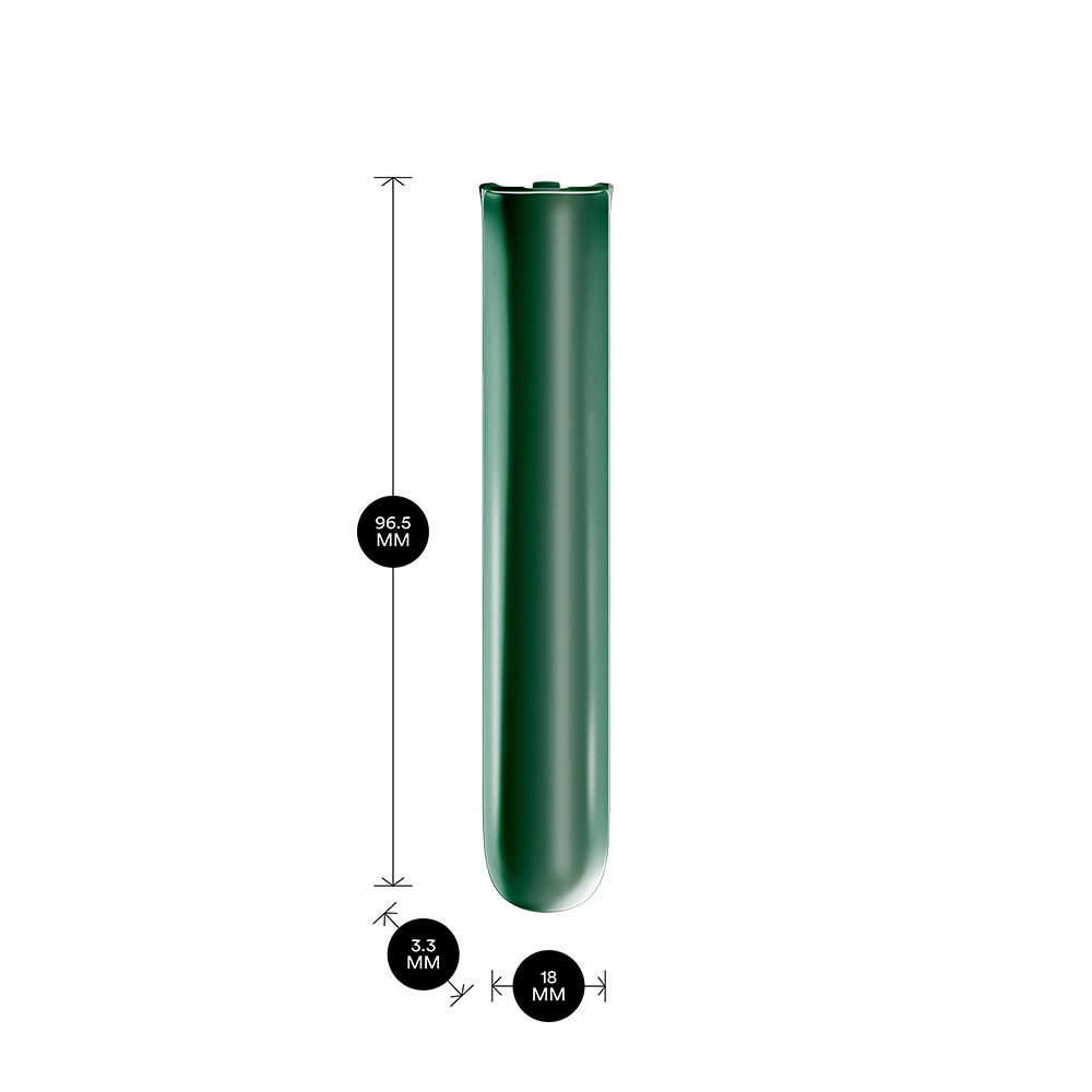 Ploom AURA Amazon Green Front Panel shown with product dimensions: 9.65cm height x 3.30 cm width and 1.80 cm depth