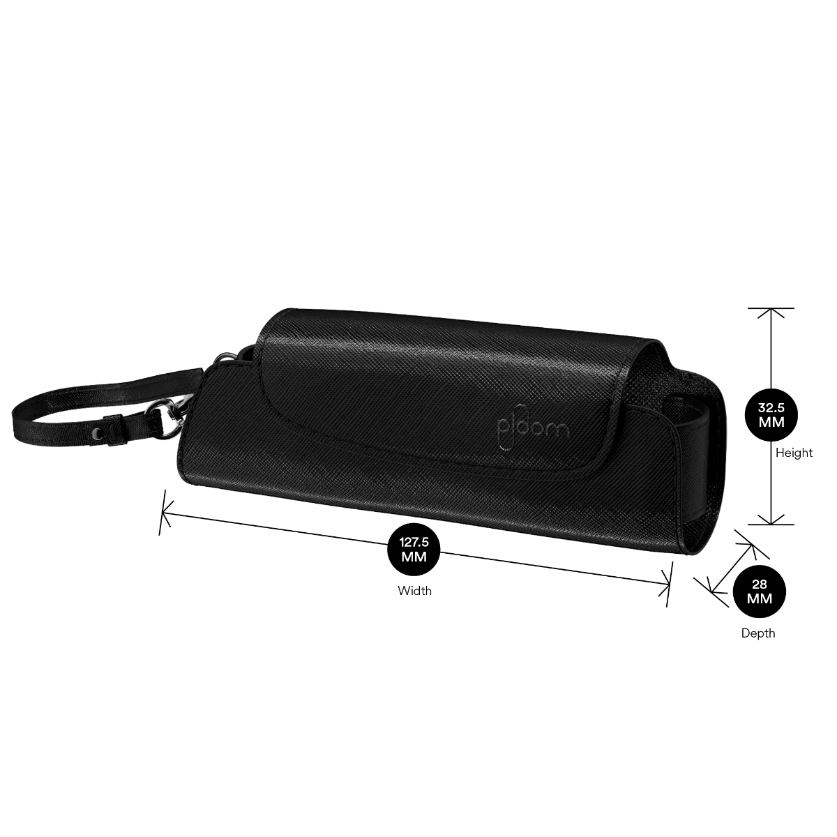 Ploom Jet Black Solor Carry Case shown with product dimensions: 32.5 cm height x 12.75 cm width and 2.8 cm depth